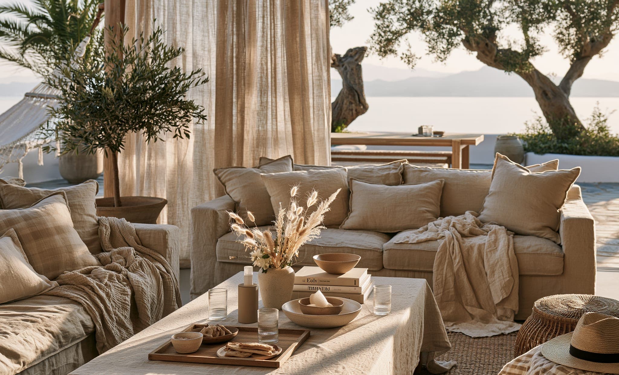 A golden-hour villa terrace with linen sofas and a sea view on the Costa Blanca