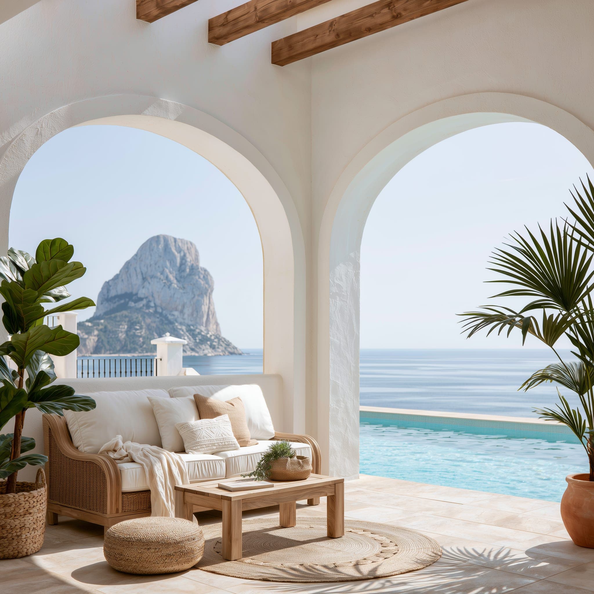 A villa terrace on the Costa Blanca framed by white arches, overlooking the sea and the Peñón de Ifach